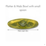 POLKA LUKA olive green resin platter and wabi bowl set with a small spoon, featuring a marbled swirl design.