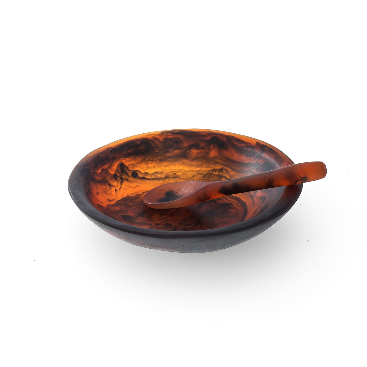 POLKA LUKA resin relish bowl and matching spoon in a dark amber and black marbled pattern, 10.5cm diameter.