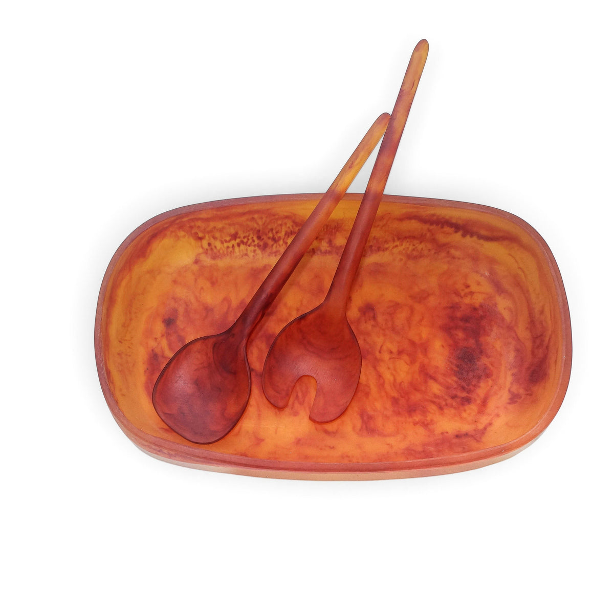 POLKA LUKA Cezanne resin serving bowl and Gauguin salad servers in a marbled orange and red finish.
