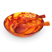 POLKA LUKA large resin salad bowl and short servers in a vibrant orange and red marbled pattern