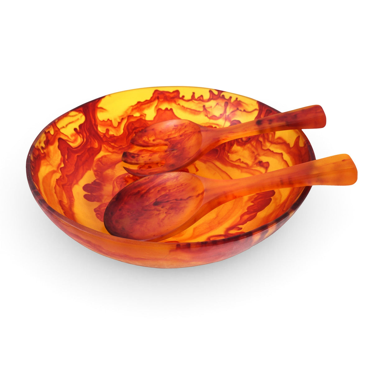 POLKA LUKA large resin salad bowl and short servers in a vibrant orange and red marbled pattern