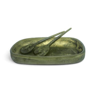 POLKA LUKA Cezanne resin serving bowl and Gauguin salad servers in a marbled olive green finish.