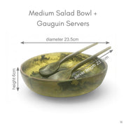 POLKA LUKA medium resin salad bowl with matching Gauguin servers in a marbled olive green and yellow finish.