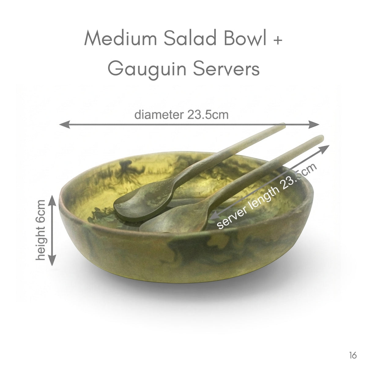 POLKA LUKA medium resin salad bowl with matching Gauguin servers in a marbled olive green and yellow finish.