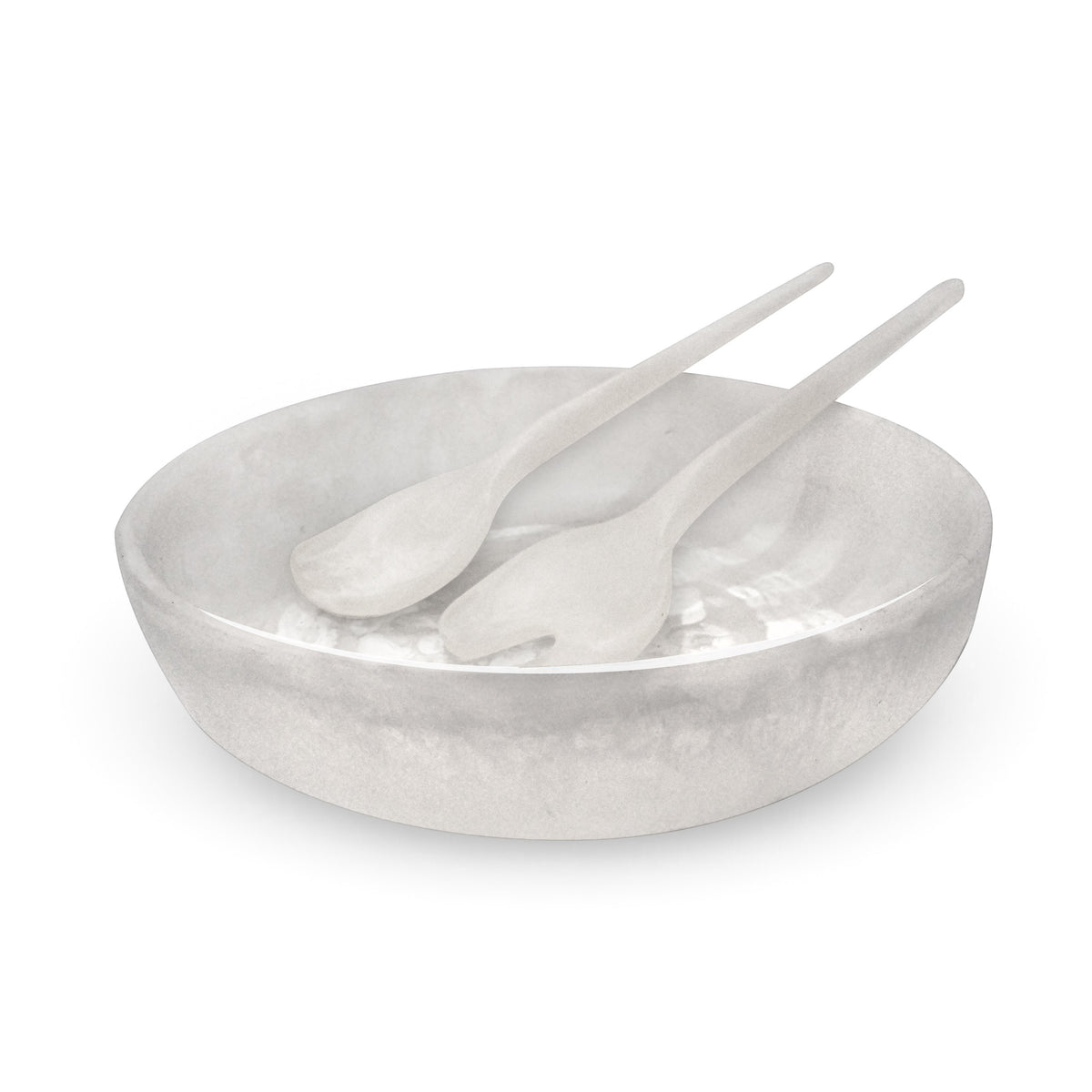 POLKA LUKA medium white resin salad bowl with matching Gauguin serving spoons for elegant table entertaining.