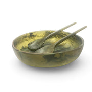 POLKA LUKA medium resin salad bowl and matching Gauguin servers in a marbled olive green and earthy tone finish.