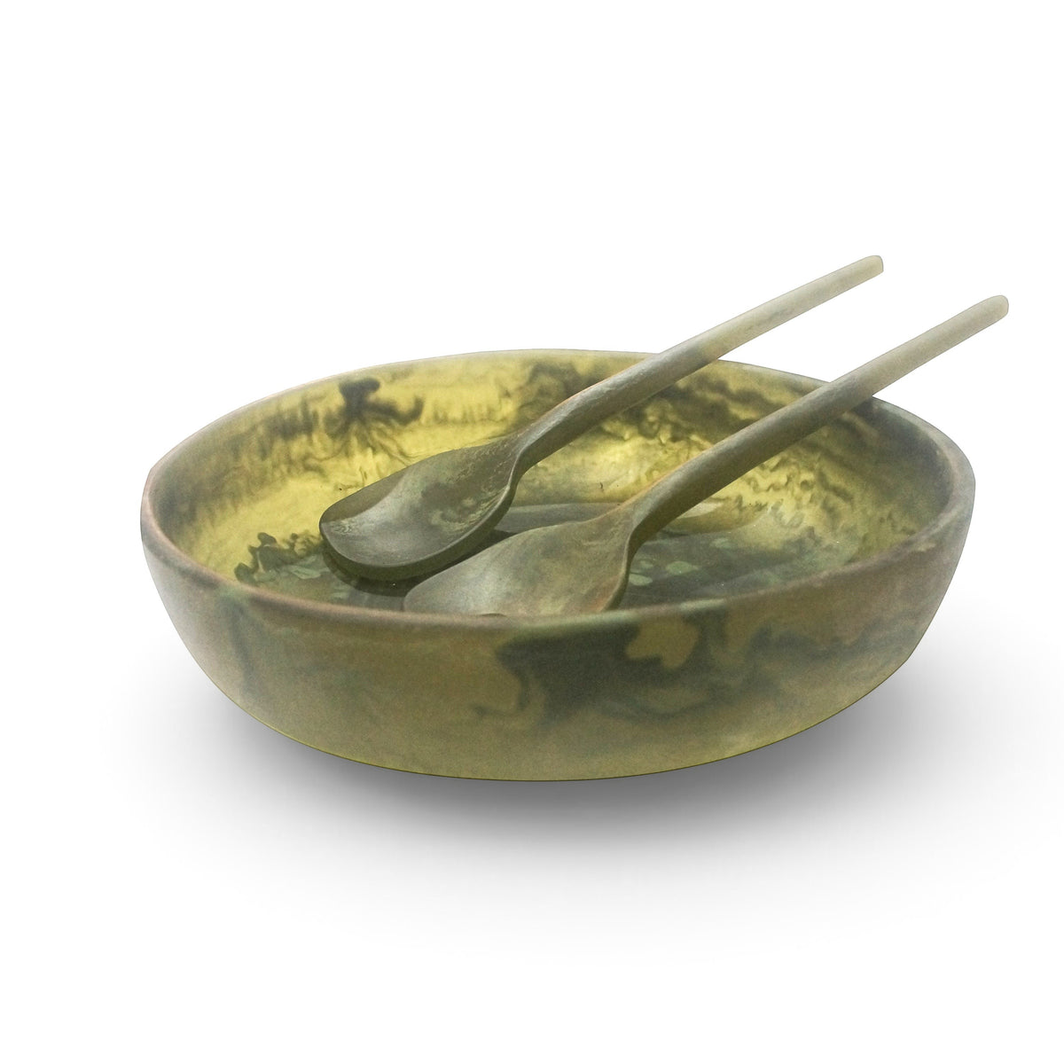 POLKA LUKA medium resin salad bowl and matching Gauguin servers in a marbled olive green and earthy tone finish.