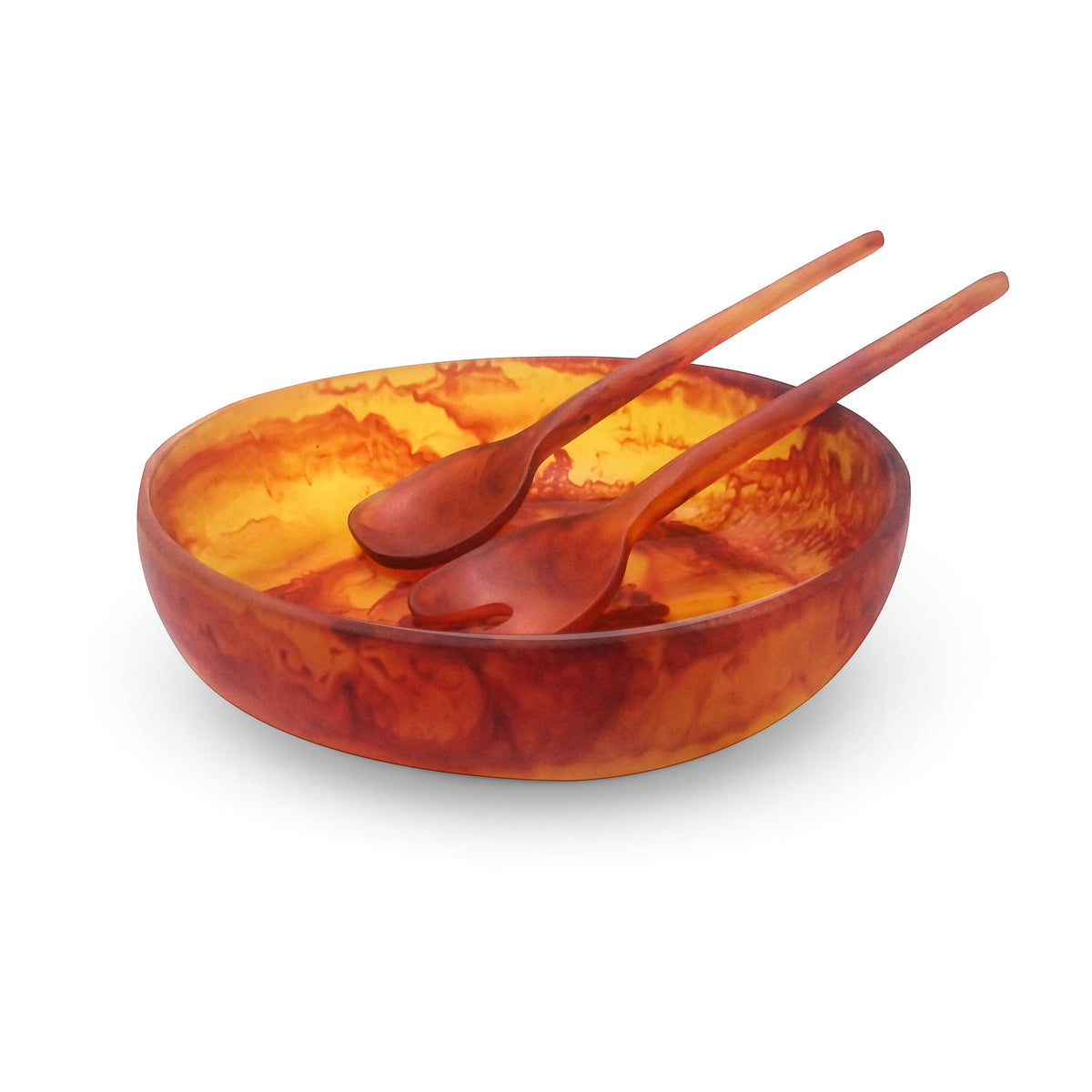 POLKA LUKA medium resin salad bowl and matching Gauguin servers in a warm orange and red marbled pattern