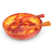 POLKA LUKA medium resin salad bowl and short server set in a vibrant orange and yellow marbled pattern