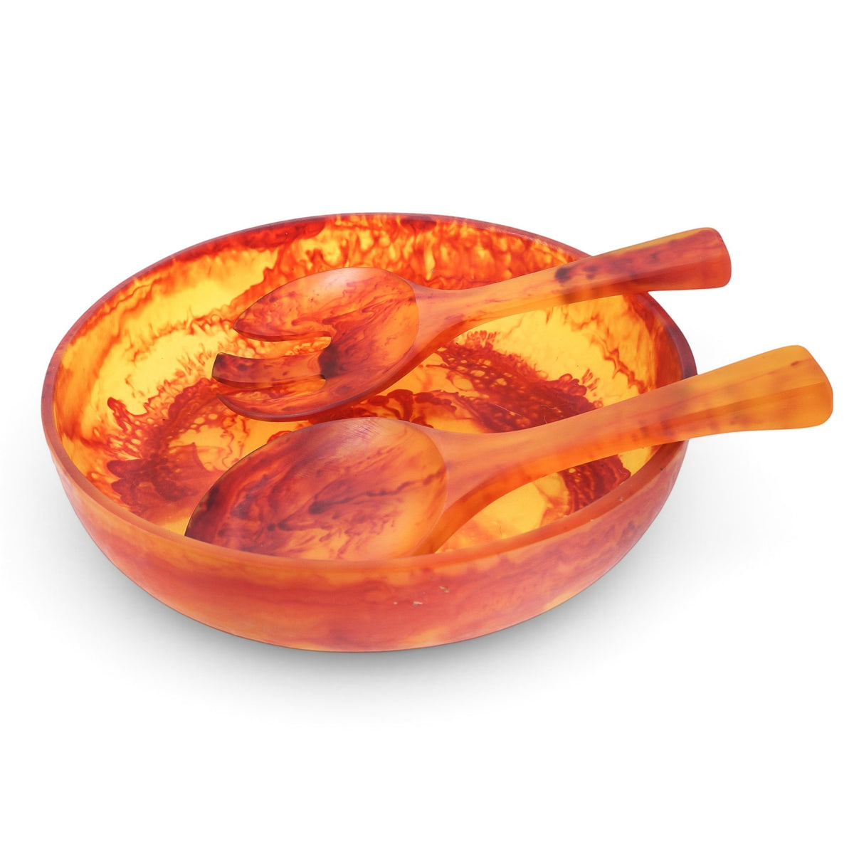 POLKA LUKA medium resin salad bowl and short server set in a vibrant orange and yellow marbled pattern
