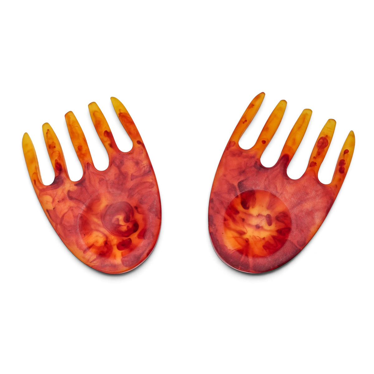 POLKA LUKA resin salad hands in a vibrant marbled orange and red finish with a unique hand-shaped design.