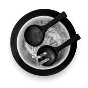 POLKA LUKA resin salad set featuring a black and white marbled bowl, large serving plate, and black salad servers.