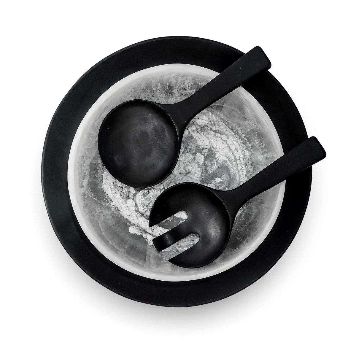 POLKA LUKA resin salad set featuring a black and white marbled bowl, large serving plate, and black salad servers.
