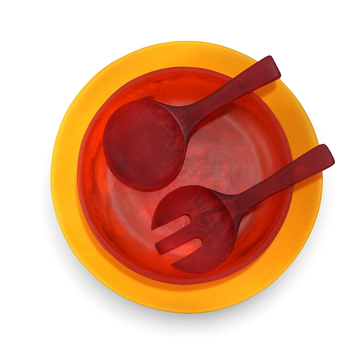 POLKA LUKA resin salad set featuring a yellow serving plate, red bowl, and matching red salad servers from above.