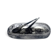 POLKA LUKA Cezanne resin serving bowl and Gauguin salad servers in a marbled black and white finish.