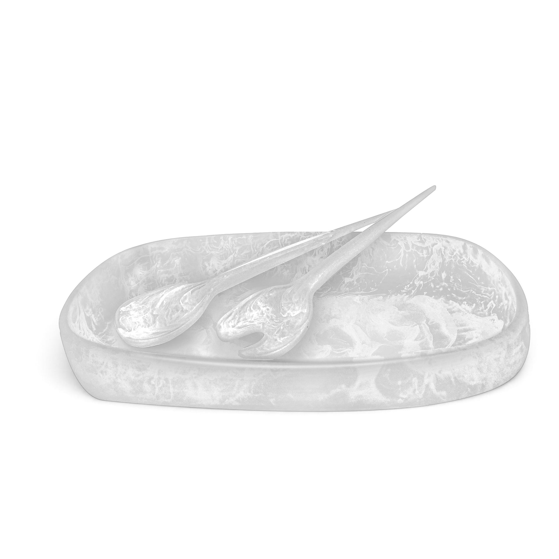 POLKA LUKA Cezanne resin serving bowl and Gauguin salad servers in a marbled white finish