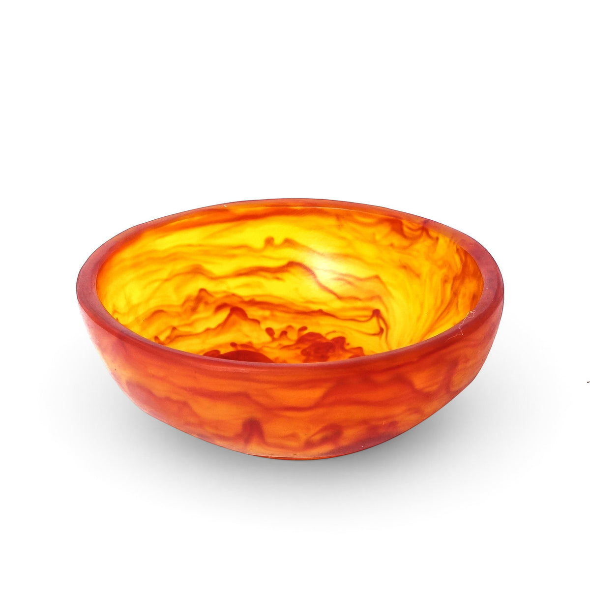 POLKA LUKA small Luna resin bowl in a vibrant orange and yellow marbled pattern, perfect for trinkets or food.