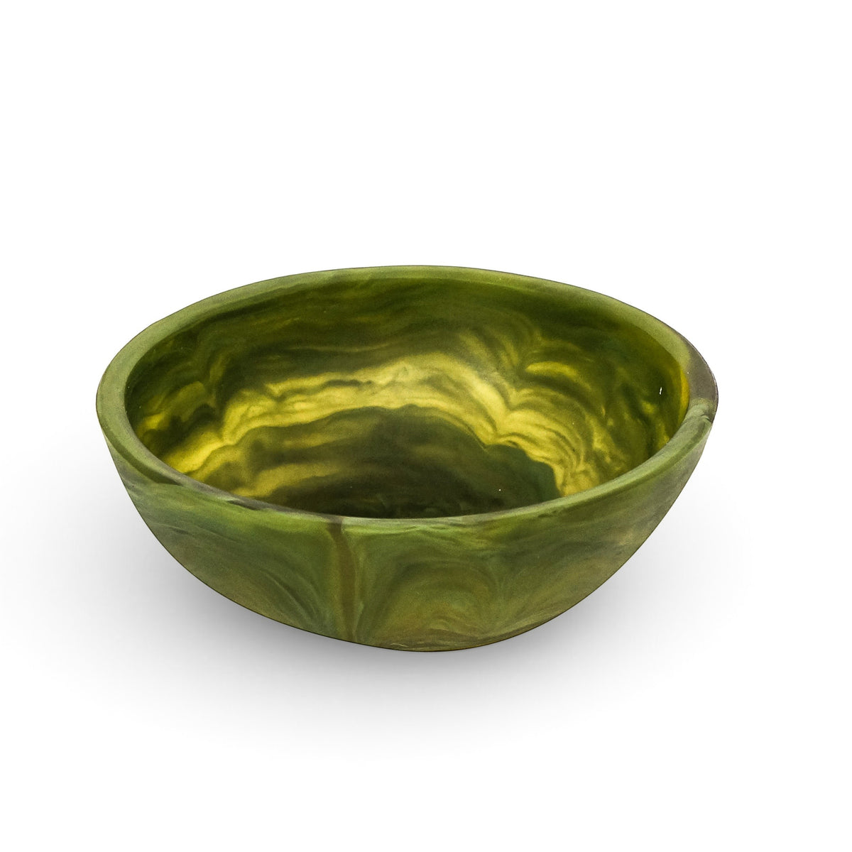 POLKA LUKA small round resin bowl in a marbled olive green finish for trinkets or food presentation