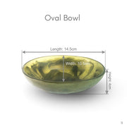 POLKA LUKA small oval resin bowl in a translucent olive green marbled finish with measurement dimensions shown.
