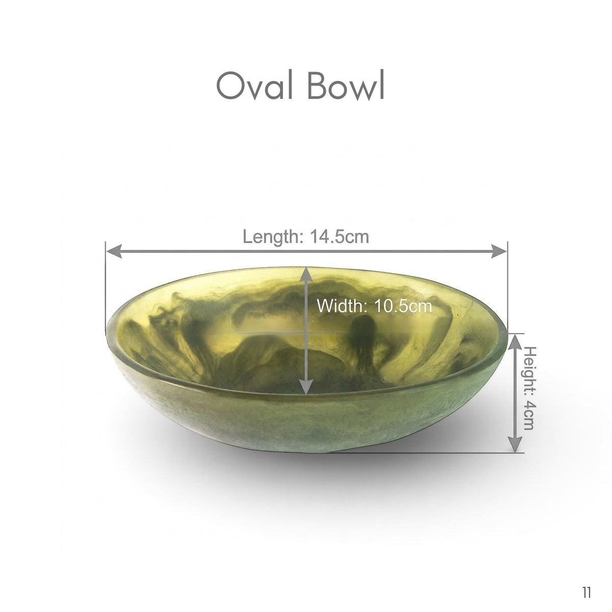 POLKA LUKA small oval resin bowl in a translucent olive green marbled finish with measurement dimensions shown.