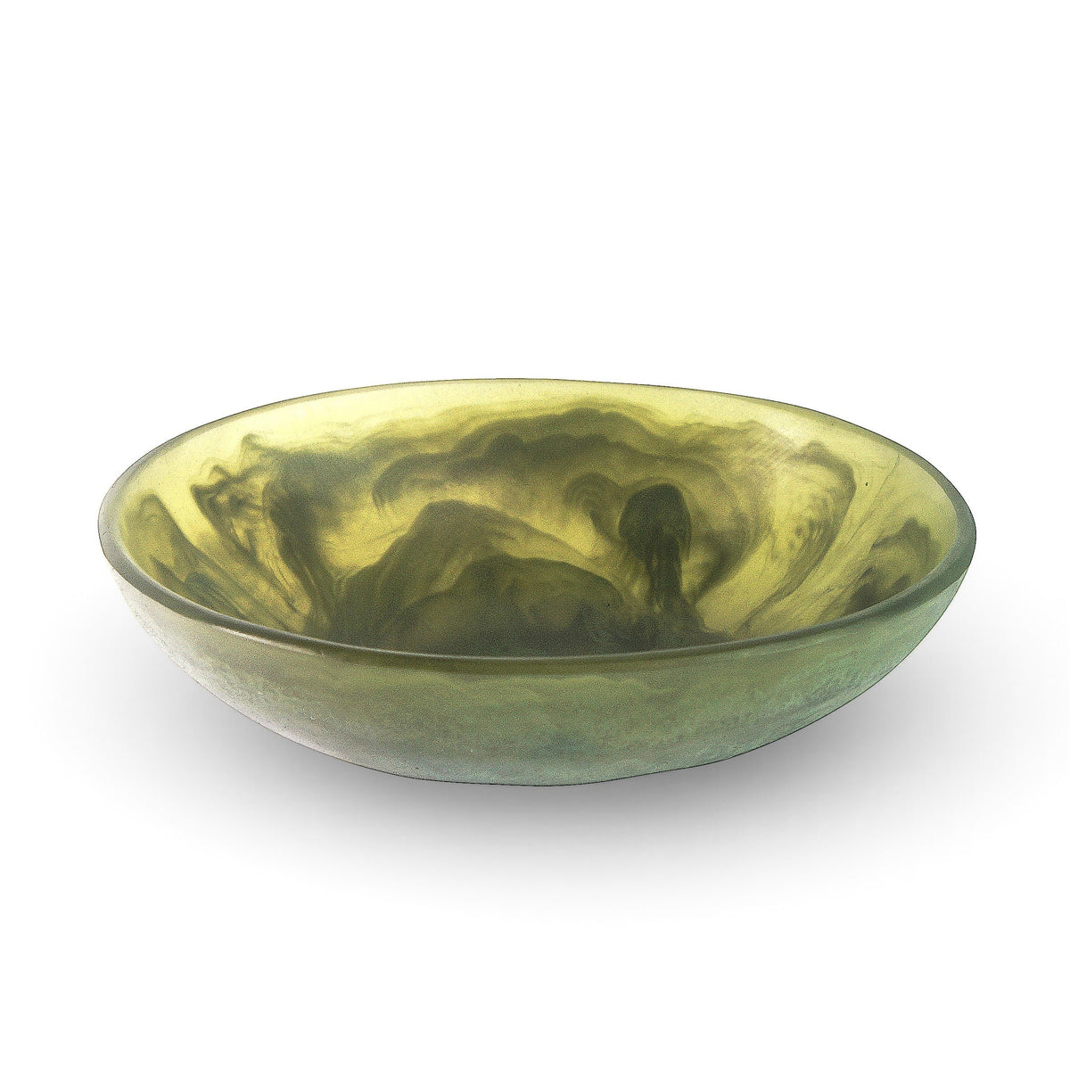 POLKA LUKA small oval resin bowl in a translucent olive green with a swirling marbled effect