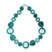 POLKA LUKA Tangier necklace featuring teal resin geometric beads on a cotton cord, 54cm length.