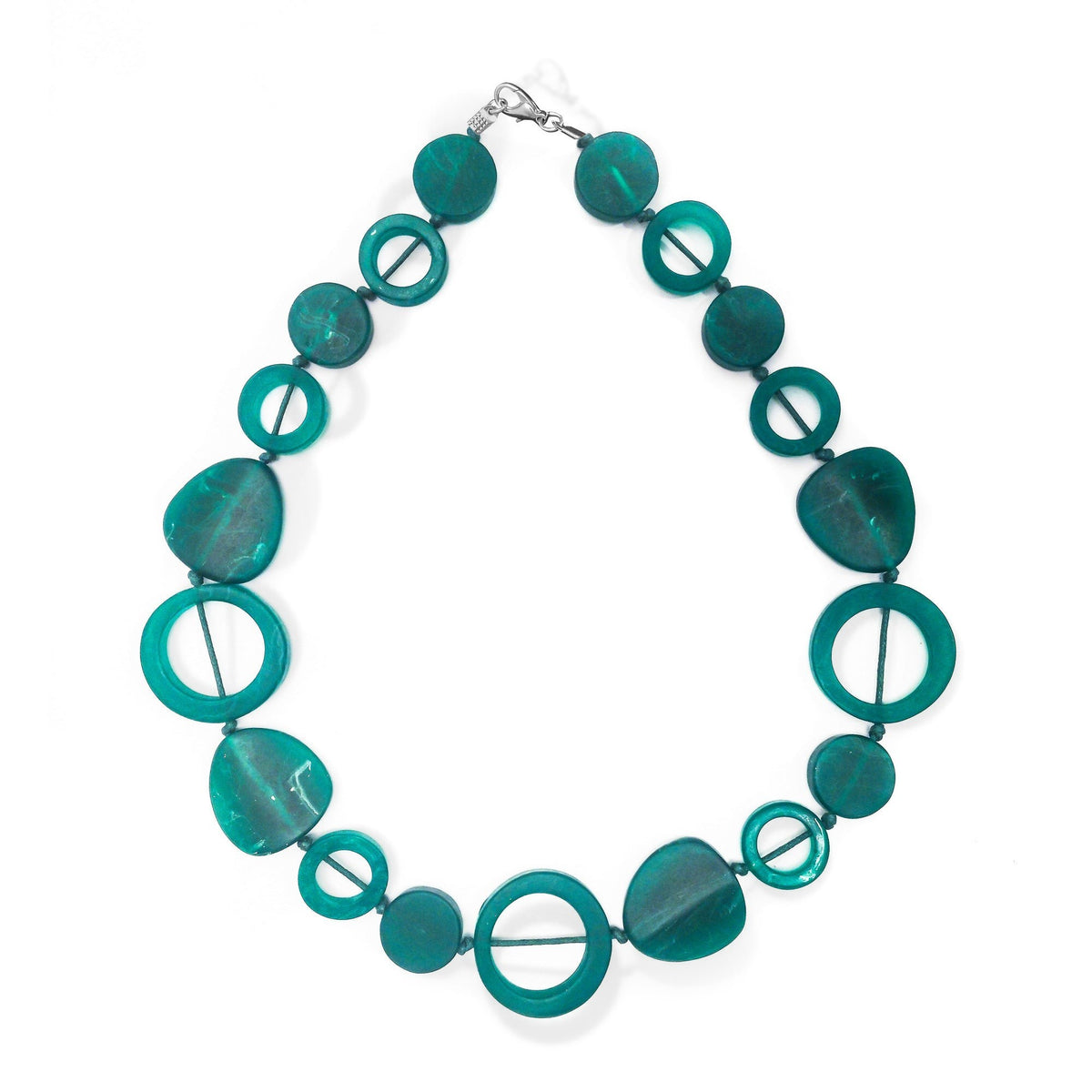 POLKA LUKA Tangier necklace featuring teal resin geometric beads on a cotton cord, 54cm length.