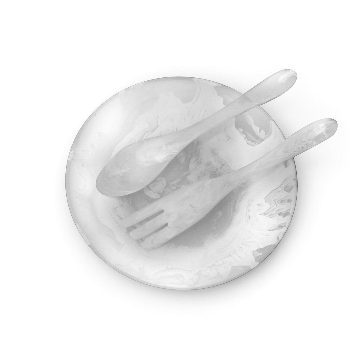 POLKA LUKA large white marbled resin salad bowl with matching long serving spoon and fork set, top-down view.