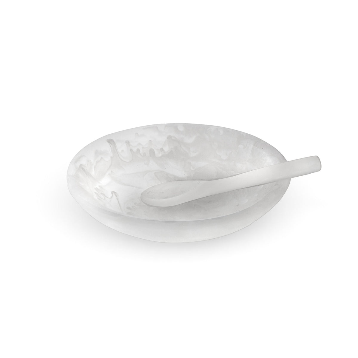 POLKA LUKA white marbled resin relish bowl with matching small spoon for serving salt or condiments