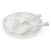 POLKA LUKA large white resin salad bowl with matching short salad servers featuring a marbled finish.