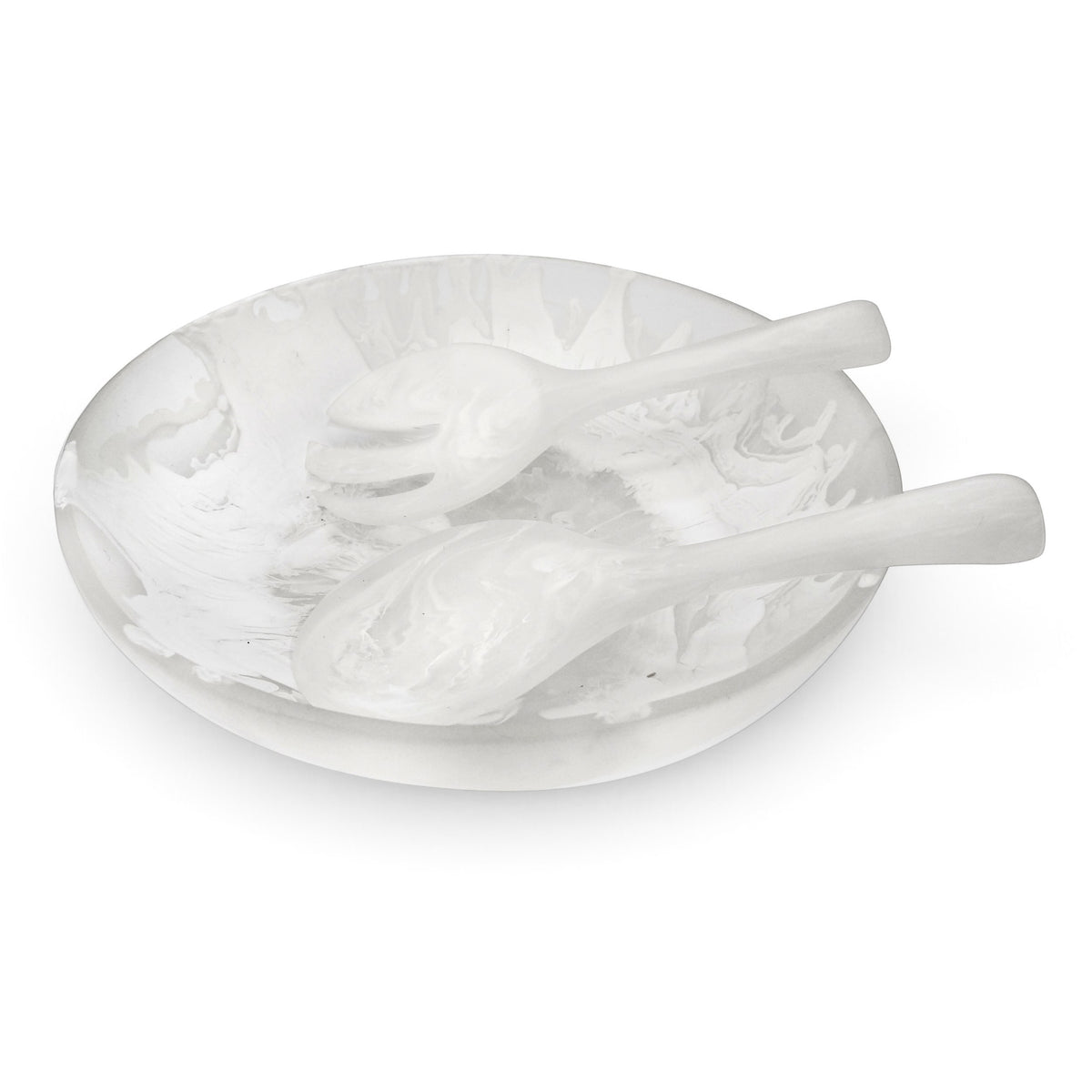 POLKA LUKA large white resin salad bowl with matching short salad servers featuring a marbled finish.