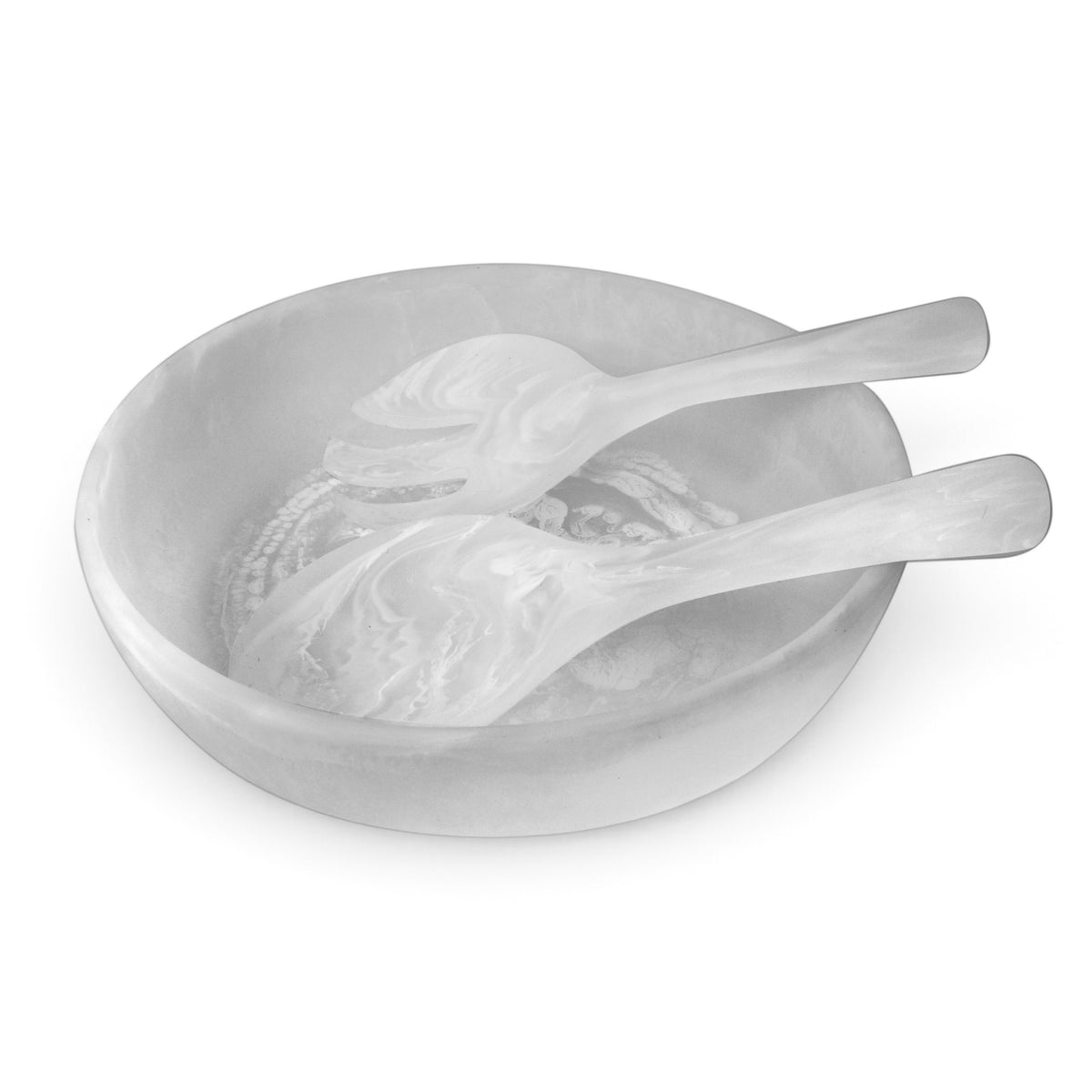 POLKA LUKA medium white marbled resin salad bowl with matching short serving utensils for dining and entertaining.