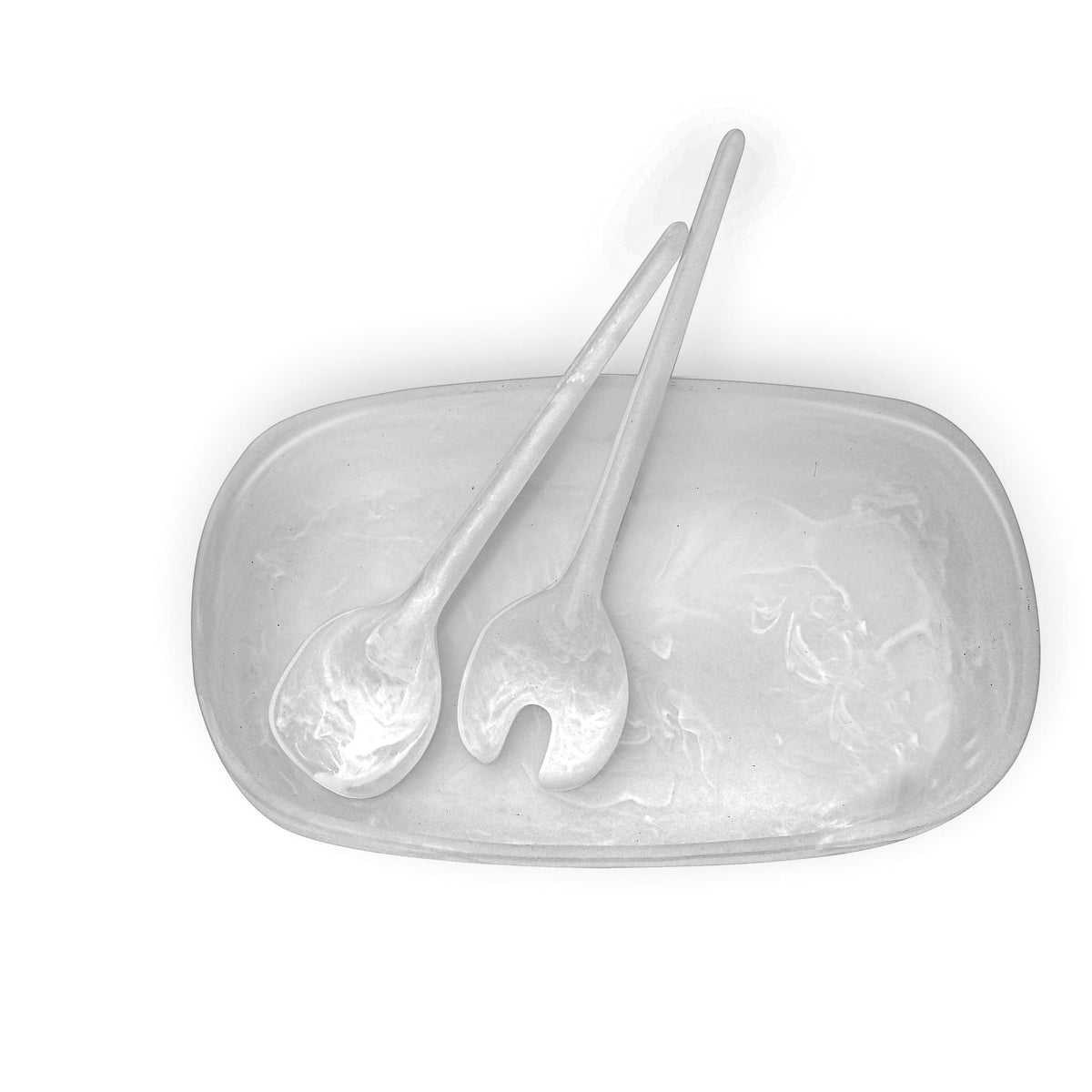 POLKA LUKA white marbled resin serving bowl and matching salad server set for elegant dining and entertaining.