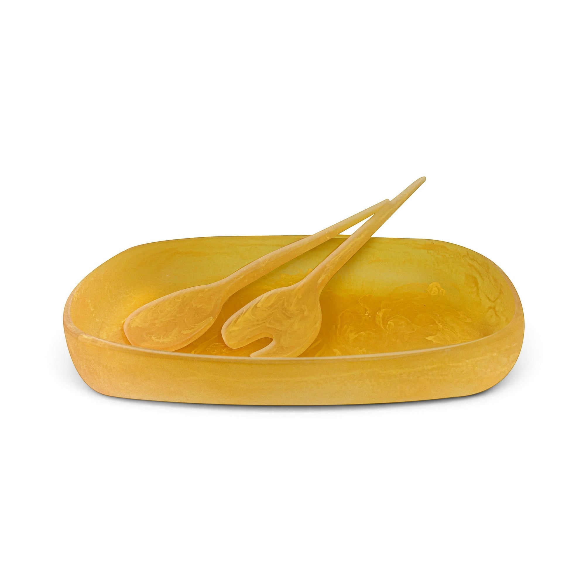 POLKA LUKA Cezanne yellow resin serving bowl with matching Gauguin salad servers in a marbled finish