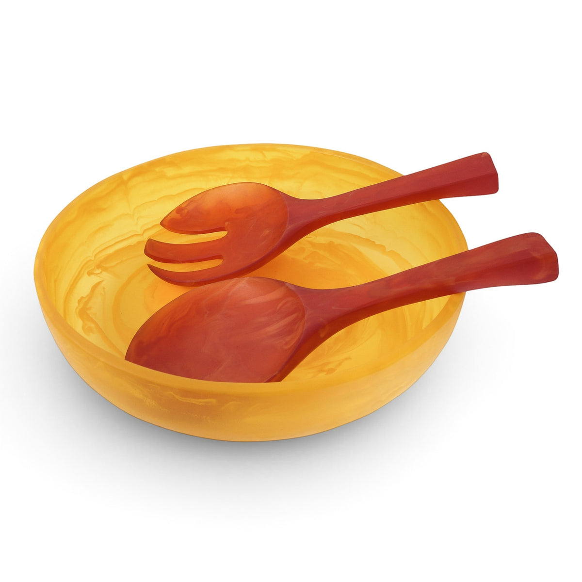 POLKA LUKA medium yellow resin salad bowl with matching red marbled salad servers on a white background.