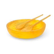 POLKA LUKA medium yellow resin salad bowl with matching Gauguin serving spoons for a vibrant table setting