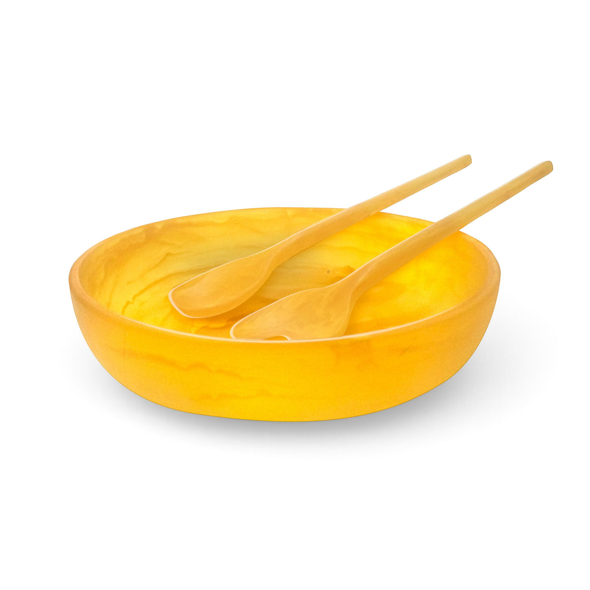 POLKA LUKA medium yellow resin salad bowl with matching Gauguin serving spoons for a vibrant table setting